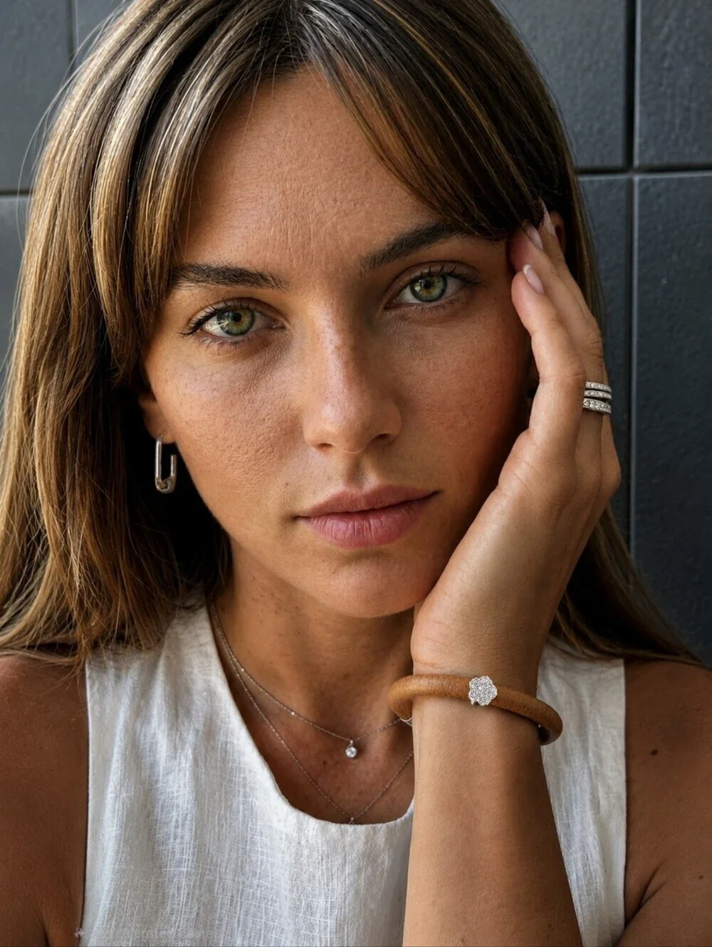 Caramel Vegan Leather Magnetic Bangle and Steel Hoop Earrings Set CZ Flower Boho